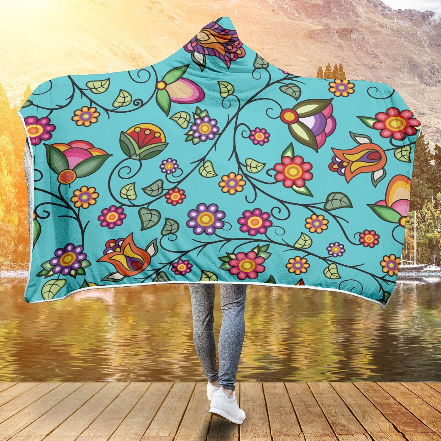 Heartbeat Petals Turquoise Hooded Blanket