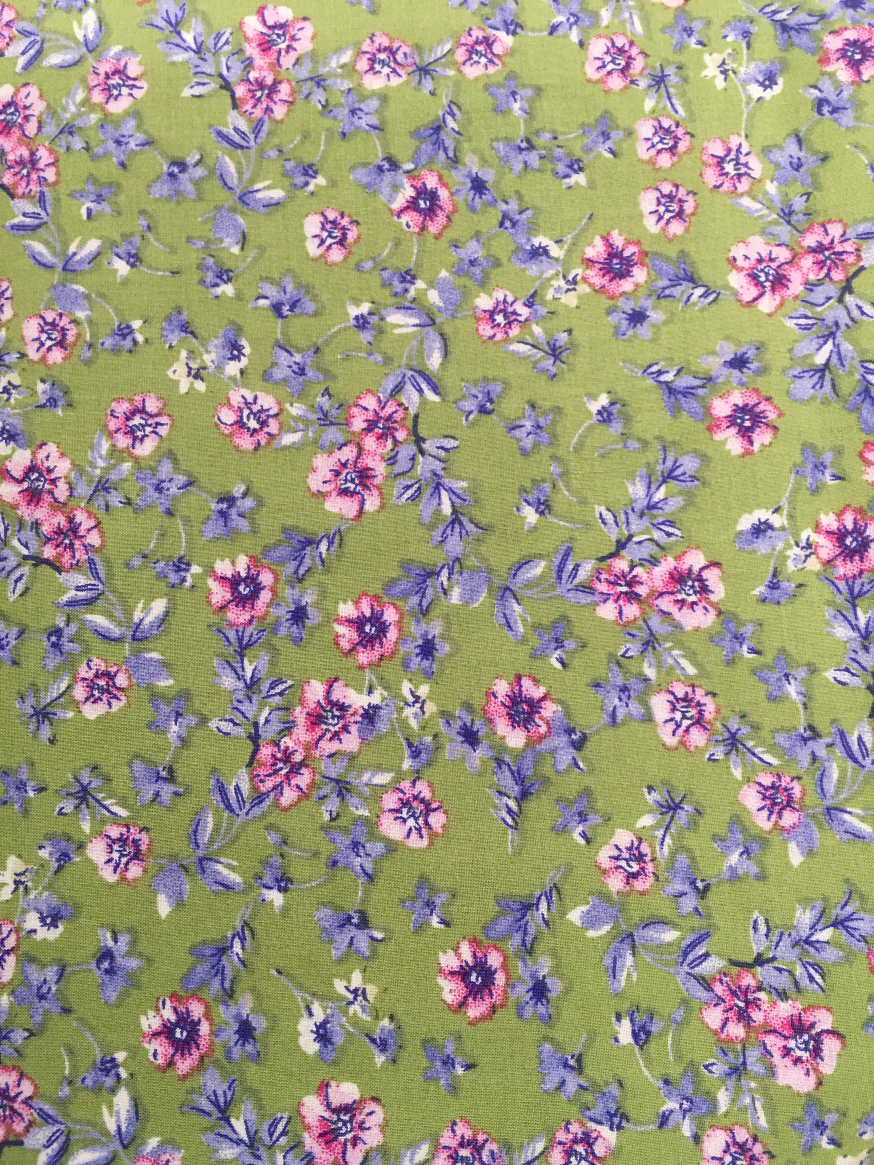 Pink Purple Small Flowers Green Background 56 inch Cotton Fabric