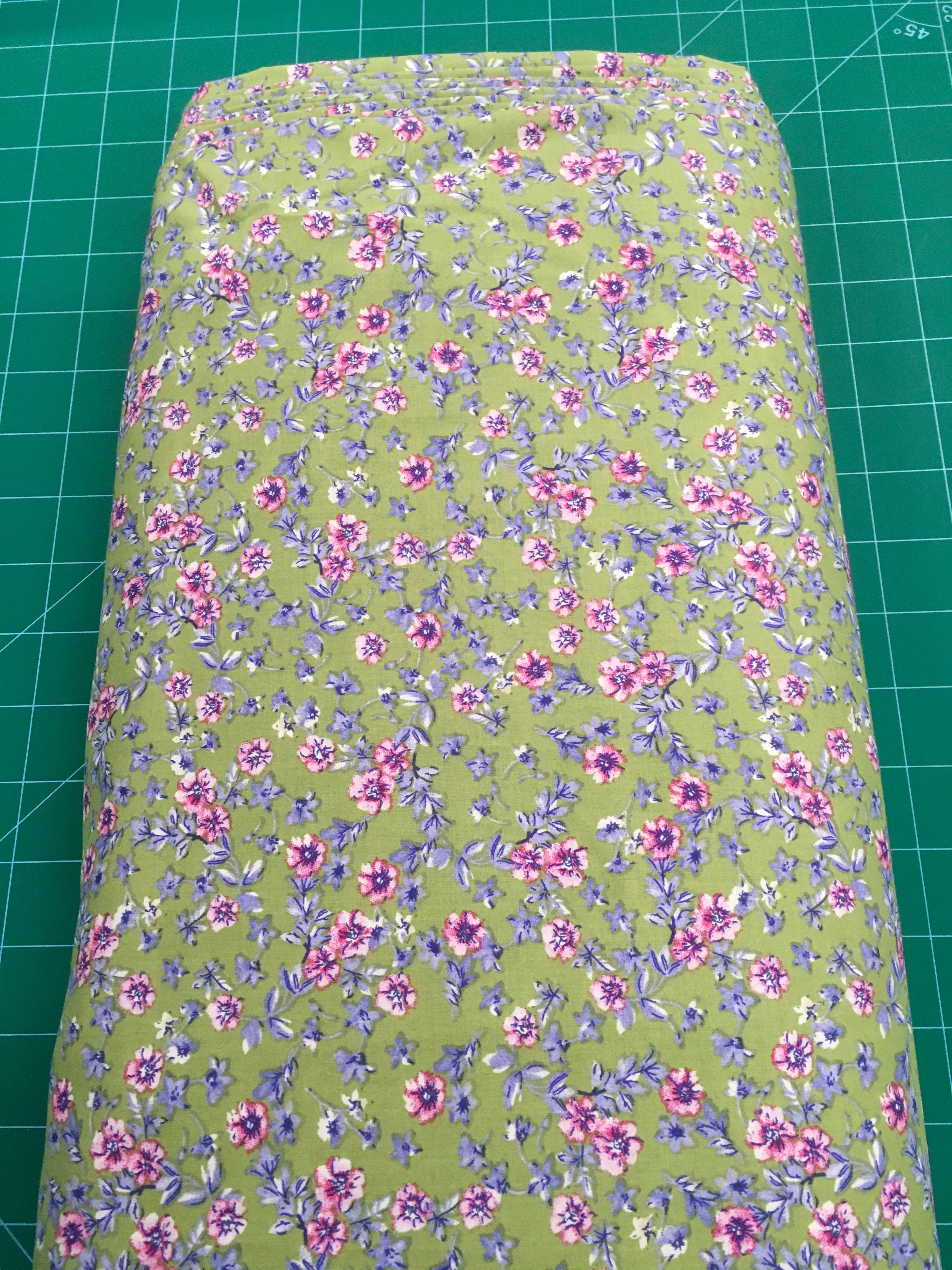 Pink Purple Small Flowers Green Background 56 inch Cotton Fabric