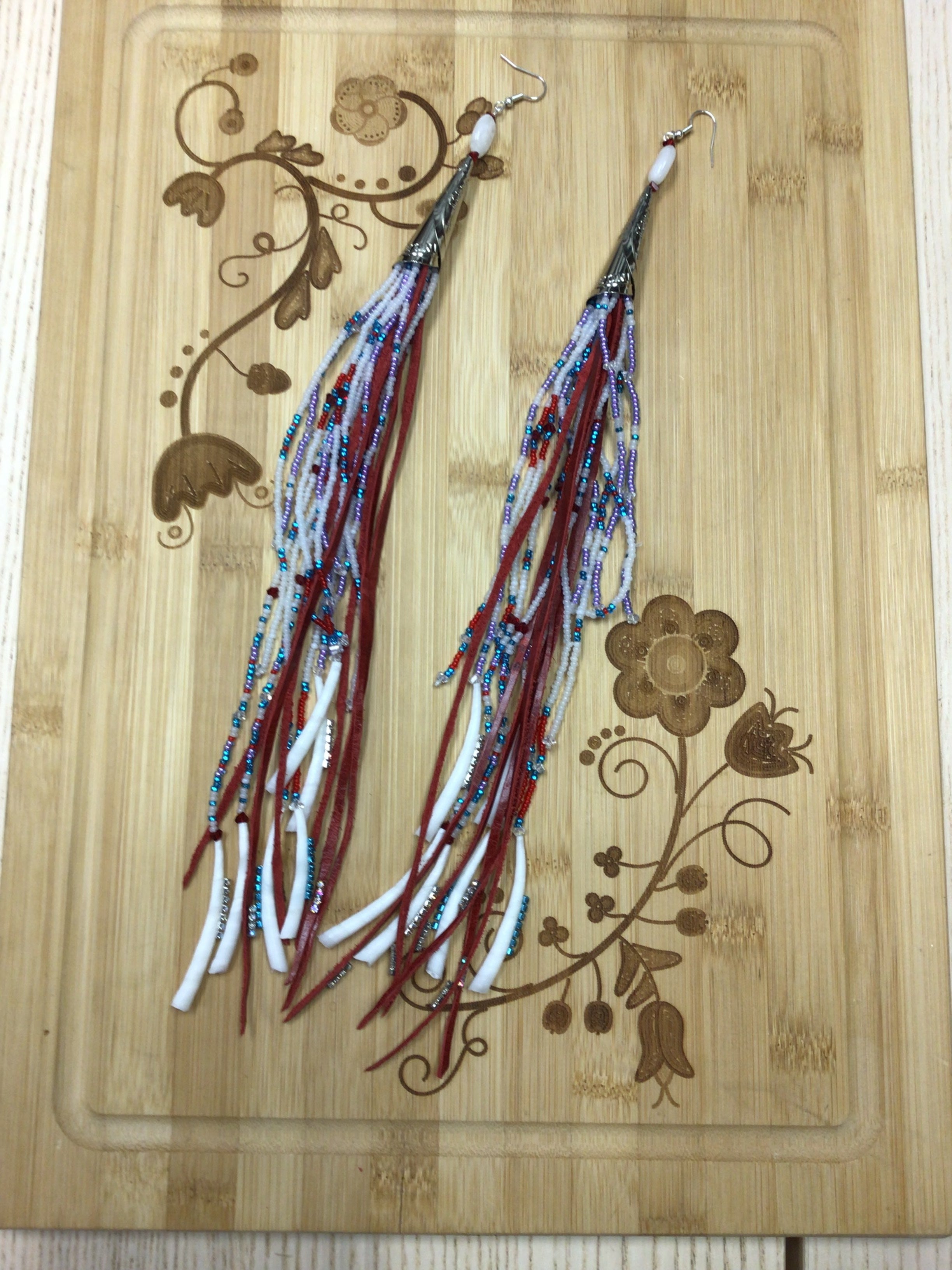 Mikey Runningbird Red Leather Dentalium Fringe Earrings