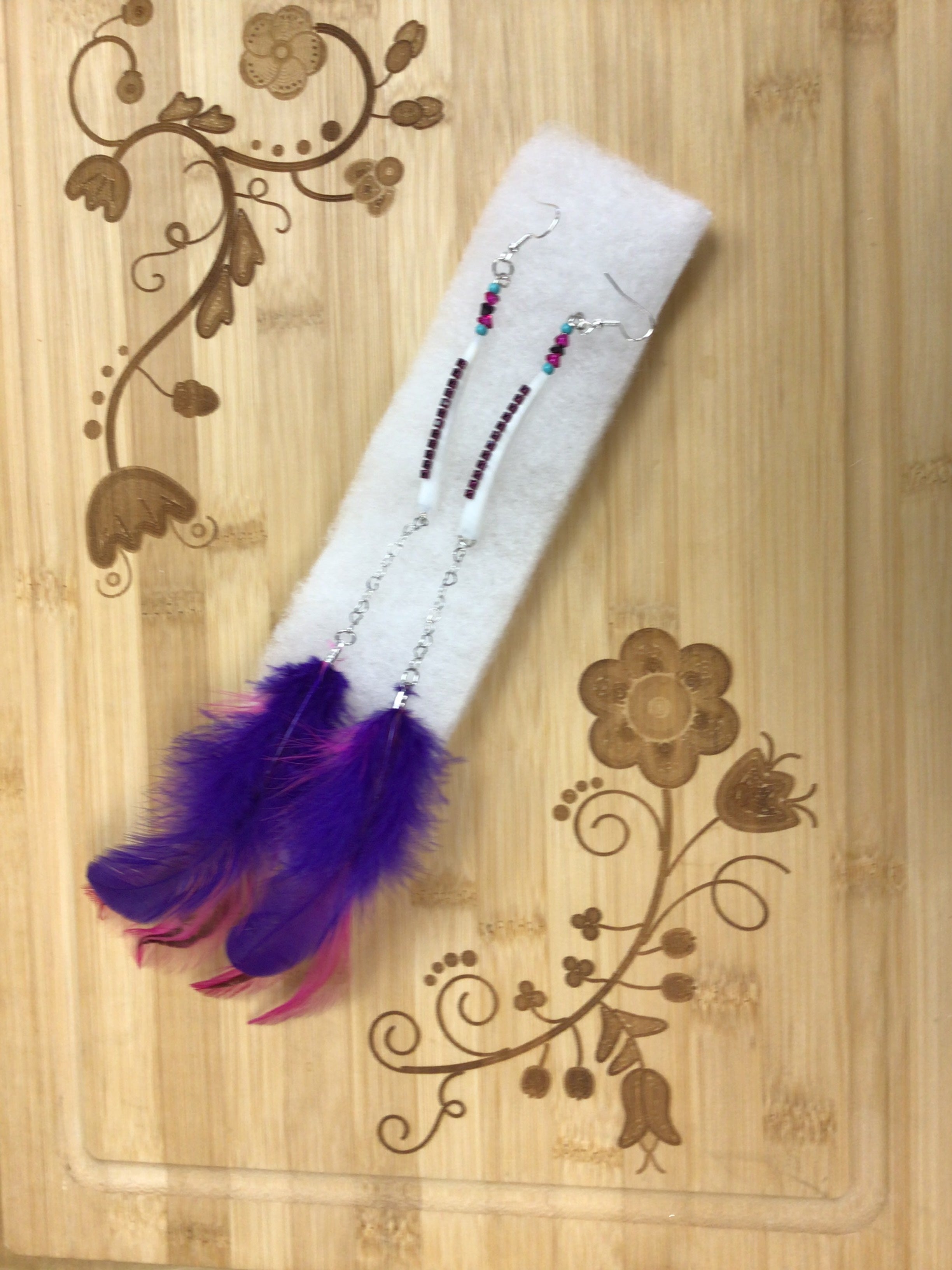 Mikey Runningbird Pink Purple Feather Dentalium Earrings