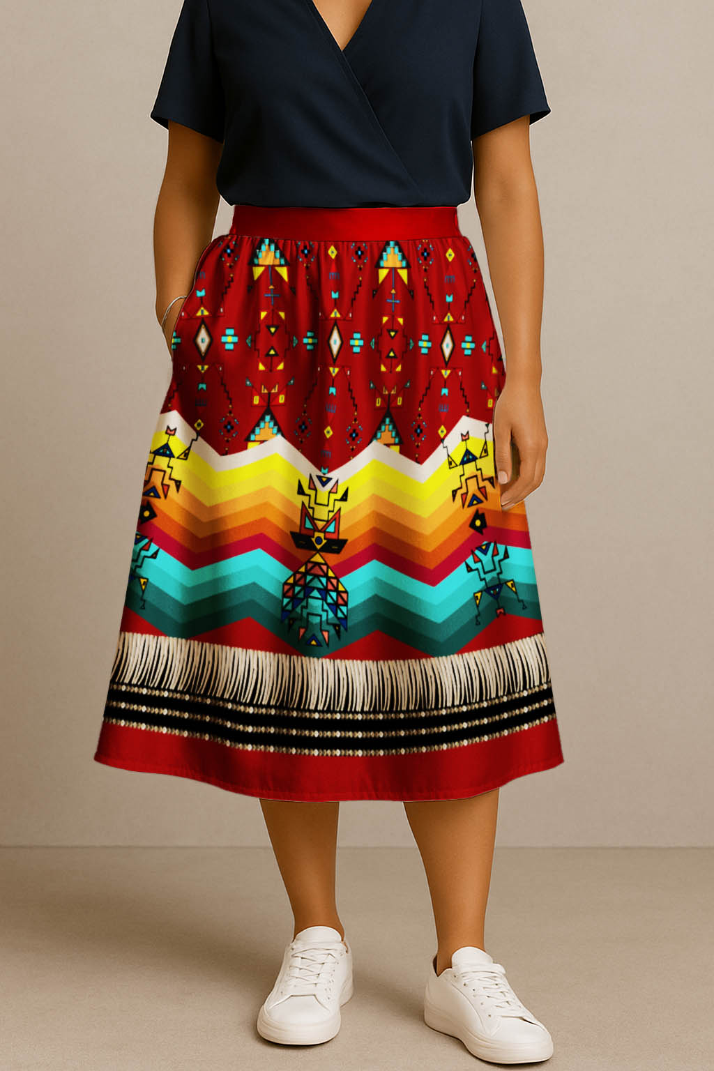 Sentinel of the Plains Red 2 Elastic Waist Pocket Midi Skirt