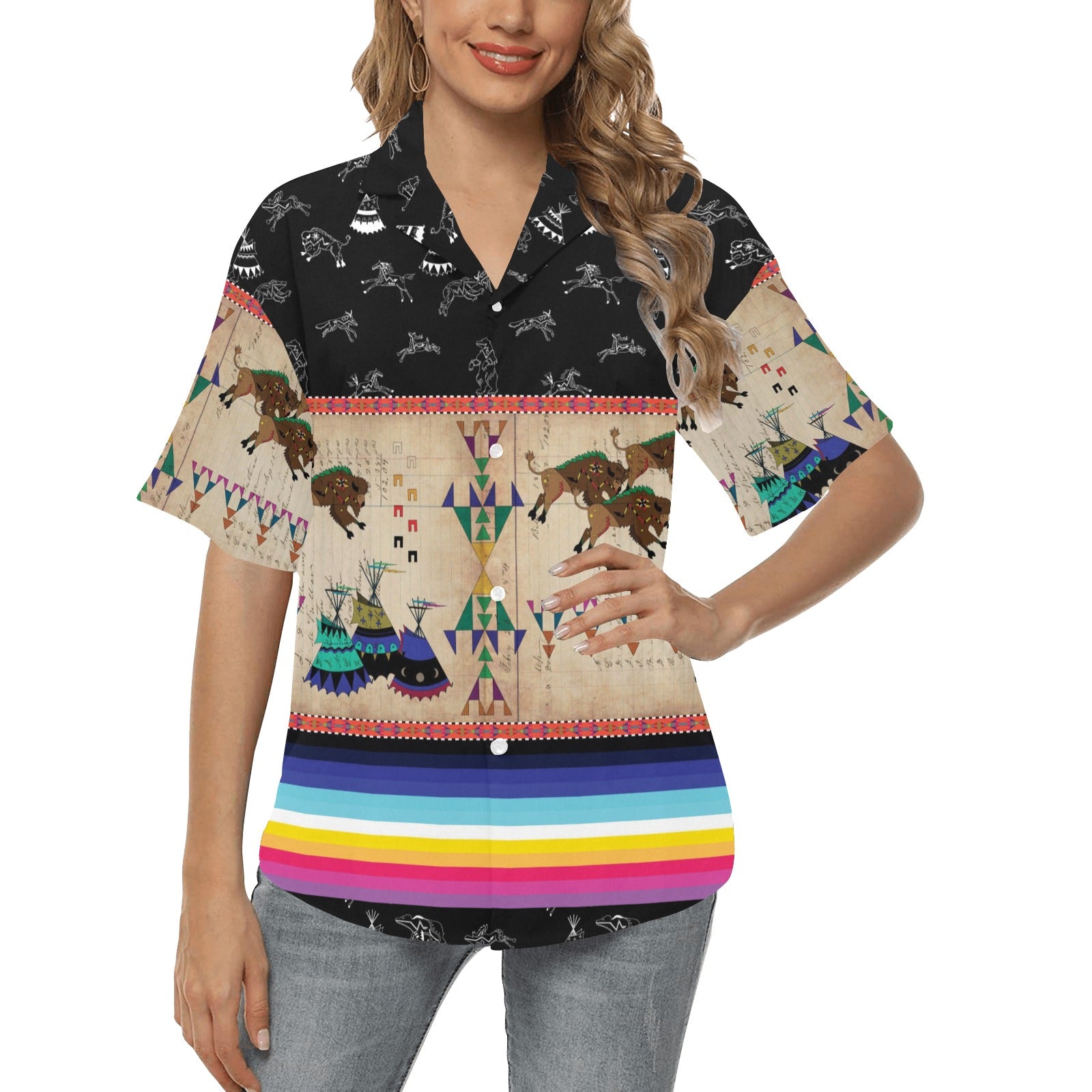 Buffalo Running Black Sky Hawaiian Shirt Women's